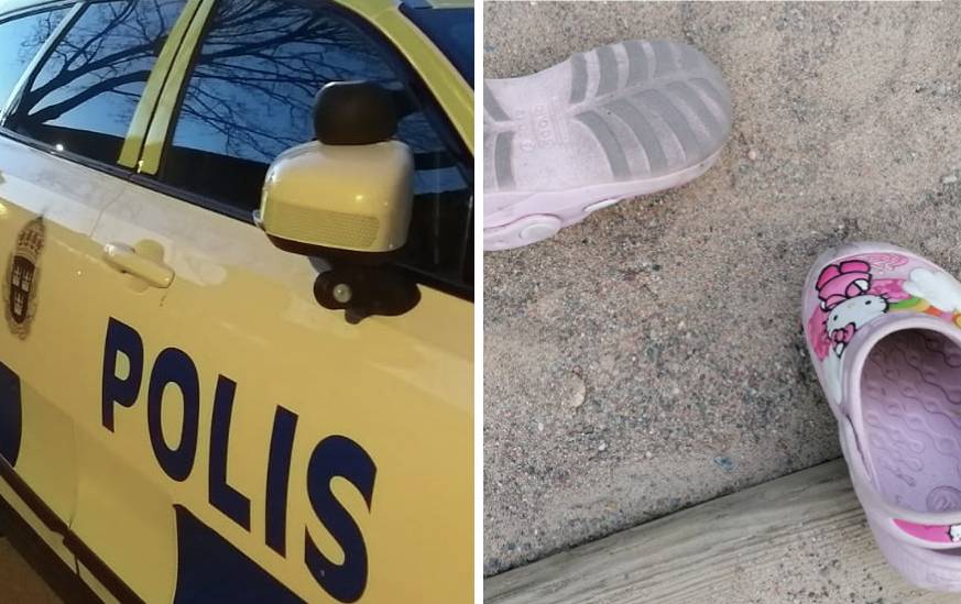 två bilder: en polisbil och ett par barntofflor
